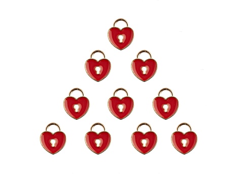 10-Piece Sweet & Petite Red Heart Locket Small Gold Tone Enamel Charms