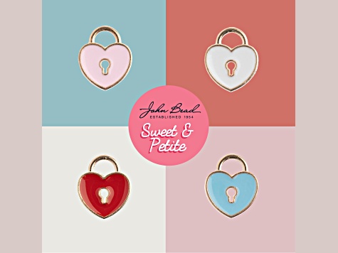 10-Piece Sweet & Petite Red Heart Locket Small Gold Tone Enamel Charms