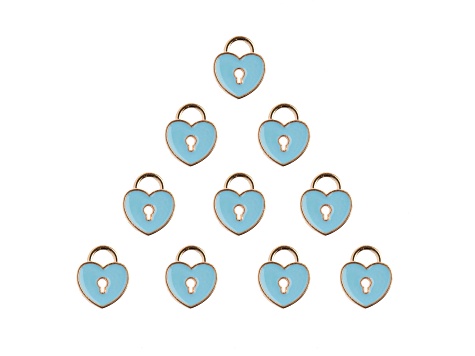10-Piece Sweet & Petite Blue Heart Locket Small Gold Tone Enamel Charms