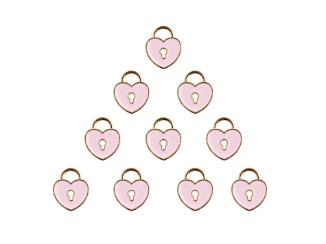 10-Piece Sweet & Petite Pink Heart Locket Small Gold Tone Enamel Charms