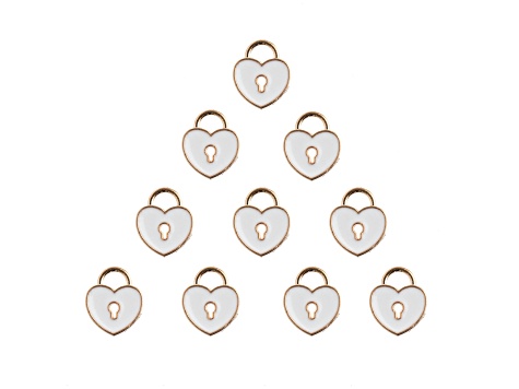 10-Piece Sweet & Petite White Heart Locket Small Gold Tone Enamel Charms