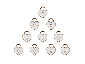 10-Piece Sweet & Petite White Heart Locket Small Gold Tone Enamel Charms