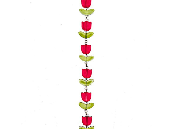Crystal Lane DIY Red & Green Tulip Flowers 7" Glass Garden Bead Strand 9 Pieces