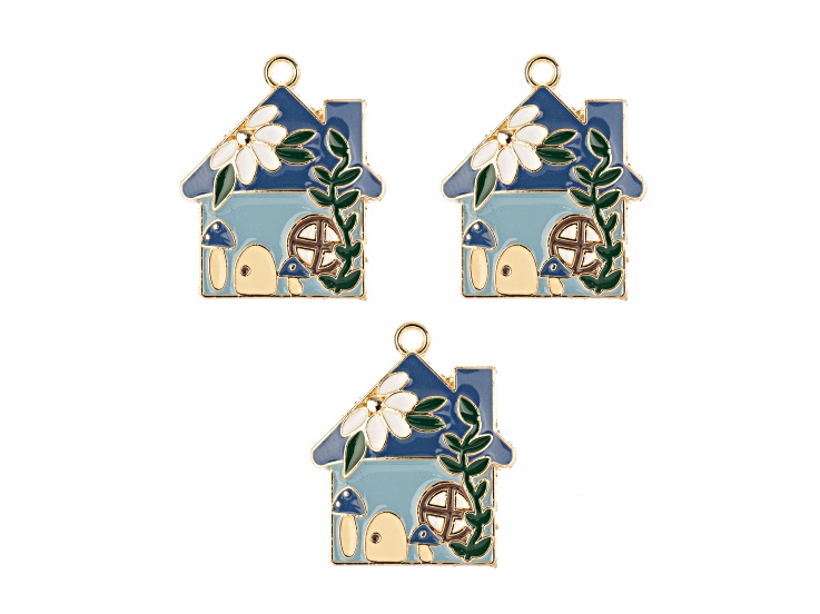 John Bead 29x24mm Blue Enamel House Sweet & Petite Home & Garden Charms 3 Pieces
