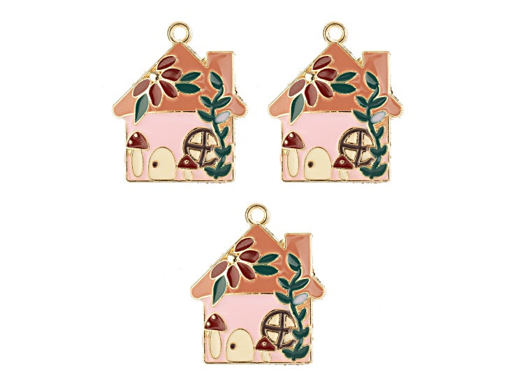 John Bead 29x24mm Pink Enamel House Sweet & Petite Home & Garden Charms 3 Pieces