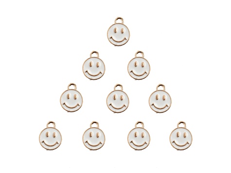 10-Piece Sweet & Petite White Happy Face Small Gold Tone Enamel Charms
