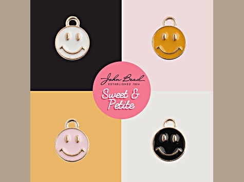 10-Piece Sweet & Petite White Happy Face Small Gold Tone Enamel Charms