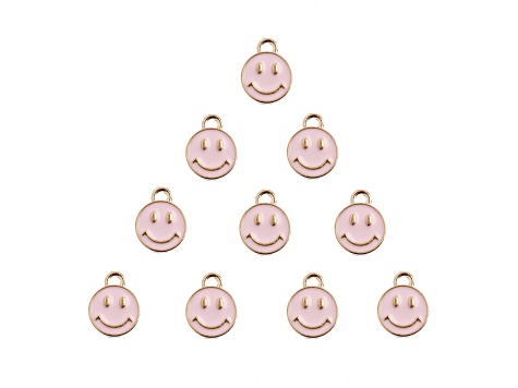10-Piece Sweet & Petite Pink Happy Face Small Gold Tone Enamel Charms