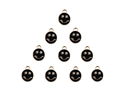 10-Piece Sweet & Petite Black Happy Face Small Gold Tone Enamel Charms