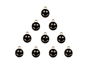10-Piece Sweet & Petite Black Happy Face Small Gold Tone Enamel Charms