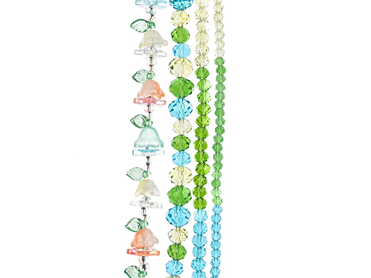 Crystal Lane DIY Green Blue Mix Flowers Rondelle 7" Glass Garden Bead Strands