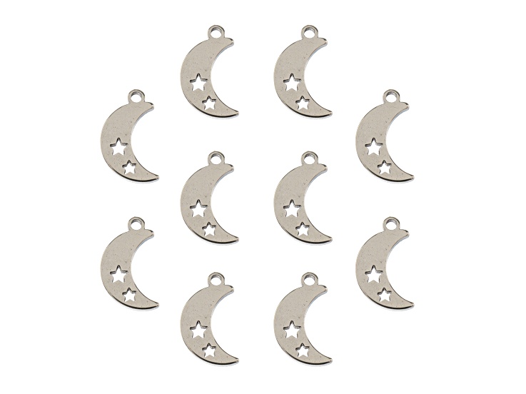 John Bead 11.7x7.5mm Silver Tone Stainless Steel Moon with Stars Sweet & Petite Charms 10 Pieces