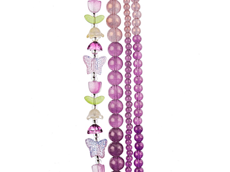 Crystal Lane DIY Pink Purple Mix Tulip Butterflies Round 7" Glass Garden Bead Strands