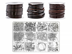 Flat Brown Leather Cord & Silver Tone Findings Assortment Set