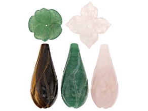 Assorted Gemstone Carved Flower Pendant Set of 5 in assorted sizes