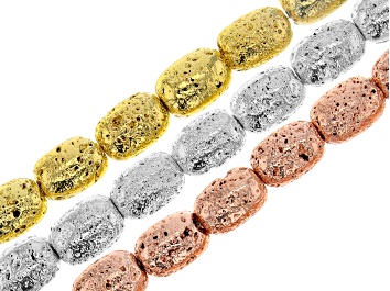 Picture of Lava Stone Appx 14x10mm Barrel Shape Bead Strand Set of 3 in Gold, Silver, and Rose Gold Tone