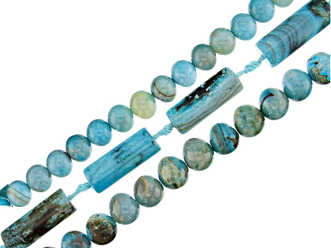 Blue Terra Agate Appx 10 & 12mm Round and Appx 10x30mm Tube Bead Strand Set of 3