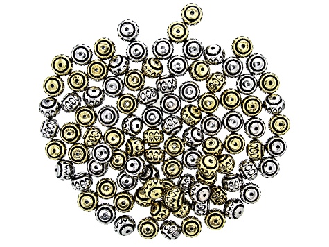 Electroplate Round Large Hole Spacer Bead in Antiqued Silver & Gold Tone 100 Pieces Total