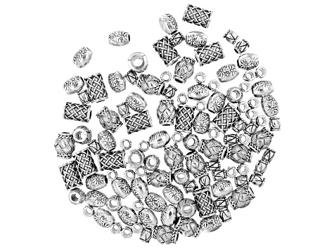 Textured Metal Large Hole Spacer Beads in 4 Styles in Antique Silver Tone 115 Pieces Total