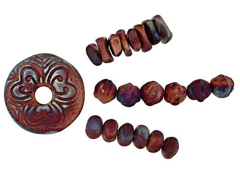 Raku Ceramic Matte Copper Glaze Donut Focal Pendant & 3 Bead Strands in Assorted Shapes