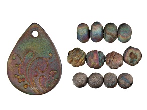 Raku Ceramic Galactic Glaze Flourish Pear Shape Focal Piece & 12 Beads in 3 Shapes