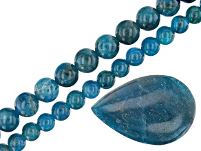 Blue Apatite Round appx 6-8mm Bead Strand Set of 2 appx 15-16" & Pear Shape Focal appx 33x22mm