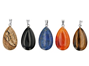 Multi-Gemstone Pear Drop appx 38x24x11mm Shape Focal Pendant Set of 5 with Silver tone Bail