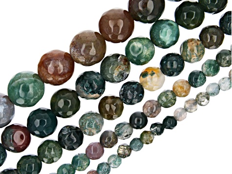 Fancy Agate & Jasper Mix Faceted appx 4-12mm Round Bead Strand Set of 5 appx 15-16"