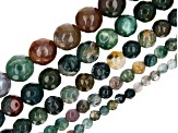 Fancy Agate & Jasper Mix Faceted appx 4-12mm Round Bead Strand Set of 5 appx 15-16"