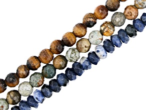 Rocky Butte Jasper, Sodalite & Tigers Eye Bead Faceted appx 8mm Large Hole Strand Set of 3 appx 8"