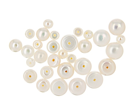White Cultured Freshwater Pearl Half Drilled Button Shape Beads in 3 Sizes 30 Pieces Total