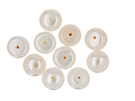 White Cultured Freshwater Pearl Button Shape Half Drilled Loose Beads in 2 Sizes 20 Pieces Total