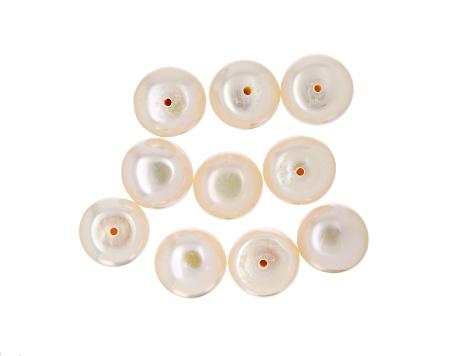 White Cultured Freshwater Pearl Button Shape Half Drilled Loose Beads in 2 Sizes 20 Pieces Total