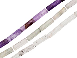 Amethyst, Multi-Color Fluorite and Clear Quartz Cylinder Tube Shape Bead Strand Set of 3 appx 14-15"