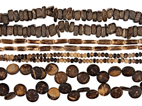 Coconut Shell Bead Strand Set of 8 in 4 Shapes