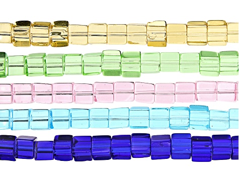 Chinese Crystal Glass appx 6mm Cube Shape Bead Strand Set of 5 in 5 Colors appx 15-16"