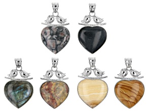 Multi-Stone Focal Heart appx 44x34mm Pendant in Silver Tone Setting with Bail Set of 6