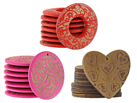 Carved Wooden Focal Top Drilled Set of 24 in 3 Shapes & Colors
