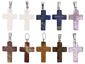 Multi-Stone Focal Pendant appx 25x18x6mm Cross Shape Set of 10 in 5 Stones and Stainless Steel Bail