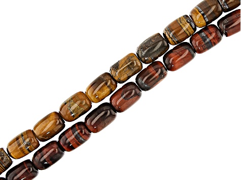 Red Tiger Iron and Yellow Tigers Eye Barrel Shape appx 12x8mm Bead Strand Set of 2 appx 14-15"