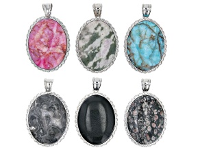 Multi-Stone appx 40x30mm Oval Shape Focal Pendant Set of 6 with Silver Tone Bail