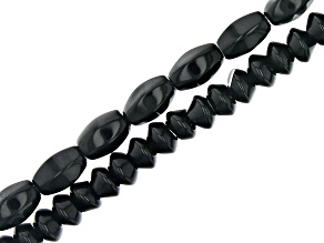 Banded Black Agate appx 6x3.5-9x5.5mm Rondelle & Rice Shape Bead Strand Set of 2 appx 14.5-15"