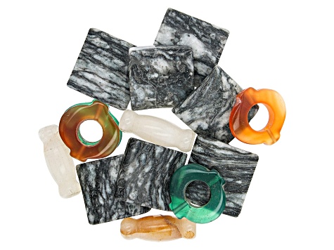 Hand Carved Mixed Focal Beads in 3 Stones & Shapes 14 Pieces Total