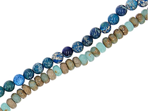 Blue Mardi Gras Stone & Impression Stone Round & Rondelle Bead Strand Set of 2 appx 15-16"