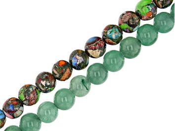 Picture of Green Quartzite and Mardi Gras Stone appx 10mm Round Large Hole Bead Strand Set of 2 appx 8"