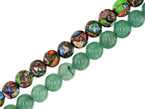 Green Quartzite and Mardi Gras Stone appx 10mm Round Large Hole Bead Strand Set of 2 appx 8"