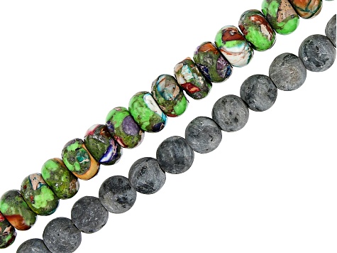 Mardi Gras Stone and Matte Larvakite appx 8-10mm Rondelle and Round Large Hole Bead Strand Set of 2