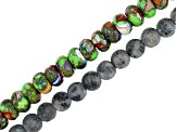 Mardi Gras Stone and Matte Larvakite appx 8-10mm Rondelle and Round Large Hole Bead Strand Set of 2