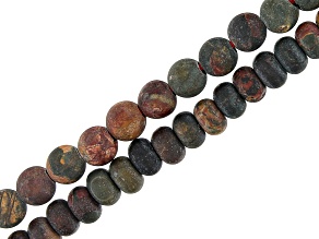 Matte Red Creek Jasper appx 8mm Rondelle and  Round Large Hole Bead Strand Set of 2 appx 8"