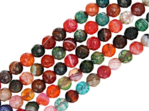 Multi-Color Banded Quench Crackled Agate Faceted appx 6-6.5mm Round Bead Strand Set of 5 appx 14-15"